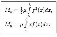$\displaystyle \boxed{ \begin{array}{l} M_x=\frac{1}{2}\mu\int\limits_a^bf^2(x)dx, \\  M_y=\mu\int\limits_a^bxf(x)dx. \\  \end{array}}$