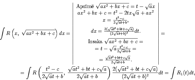 \begin{multline*}
\int R\left(x,\;\sqrt{ax^2+bx+c}\right)dx=\left\vert\begin{arr...
...{2(\sqrt{a}t^2+bt+c\sqrt{a})}{(2\sqrt{a}t+b)^2}dt=\int R_1(t)dt,
\end{multline*}