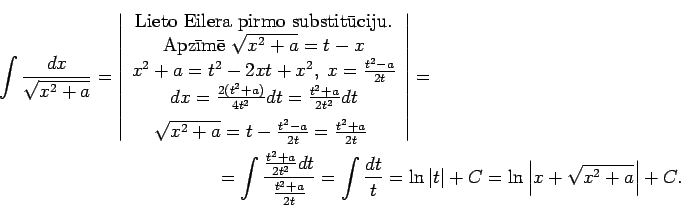 \begin{multline*}
\int\frac{dx}{\sqrt{x^2+a}}=\left\vert\begin{array}{c}
\text...
...=\ln\vert t\vert+C=
\ln\left\vert x+\sqrt{x^2+a}\right\vert+C.
\end{multline*}