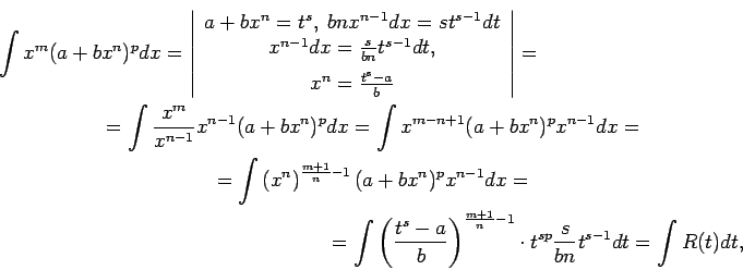 \begin{multline*}
\int x^m(a+bx^n)^pdx=\left\vert\begin{array}{c}
a+bx^n=t^s,\;...
...^{\frac{m+1}{n}-1}\cdot
t^{sp}\frac{s}{bn}t^{s-1}dt=\int R(t)dt,
\end{multline*}
