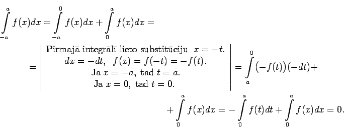\begin{multline*}
\int\limits_{-a}^af(x)dx=\int\limits_{-a}^0f(x)dx+\int\limits...
...imits_0^af(x)dx=-\int\limits_0^af(t)dt+\int\limits_0^af(x)dx=0.
\end{multline*}