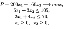 \begin{displaymath}\begin{array}{c} P=200x_{1}+160x_{2}\longrightarrow max, \  ...
...{1}+4x_{2}\leq 70, \  x_{1}\geq 0,\;\;x_{2}\geq 0, \end{array}\end{displaymath}