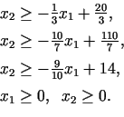 \begin{displaymath}\begin{array}{l} x_{2}\geq-\frac{1}{3}x_1+\frac{20}{3},\medsk...
...{10}x_1+14,\medskip\  x_{1}\geq 0,\;\;x_{2}\geq 0. \end{array}\end{displaymath}
