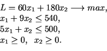 \begin{displaymath}\begin{array}{l} L=60x_{1}+180x_{2}\longrightarrow max,\  x_...
...{1}+x_{2}\leq 500,\  x_{1}\geq 0,\;\;x_{2}\geq 0. \end{array}\end{displaymath}